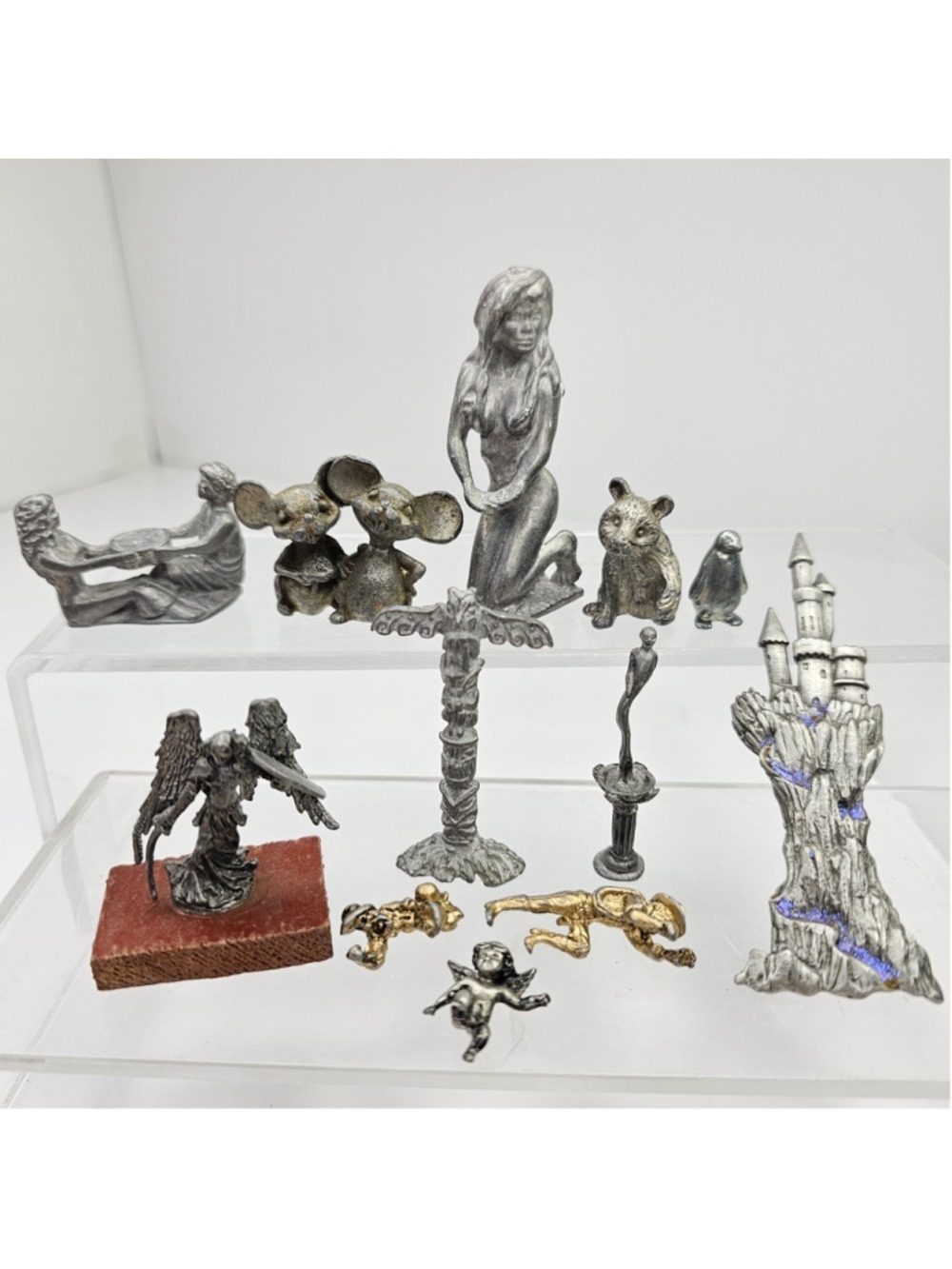 Vintage Pewter Miniature Figurines Lot 12 Fantasy Animals Mermaid Castle Brooch